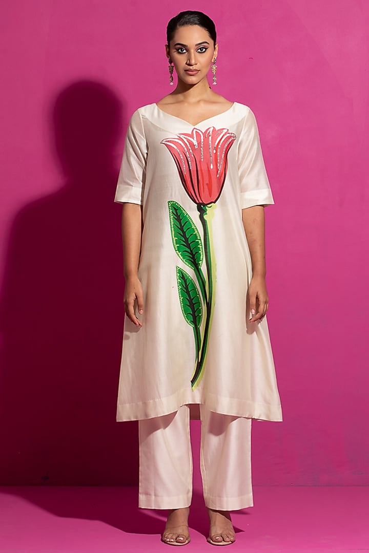 Ivory Chanderi Cotton Silk Hand Painted & Hand Embroidered Kurta Set by Saksham and Neharicka at Pernia's Pop Up Shop