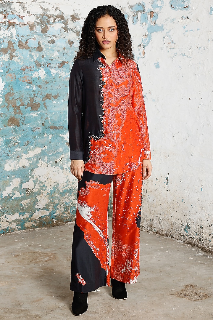 Red & Black Banarasi Cotton Silk Hand Embroidered Co-Ord Set by Saksham and Neharicka at Pernia's Pop Up Shop