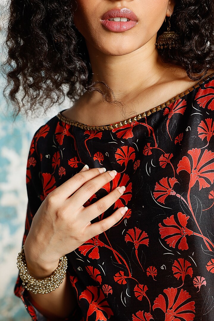 Red & Black Banarasi Cotton Silk Printed & Embroidered Kurta Set by Saksham and Neharicka at Pernia's Pop Up Shop
