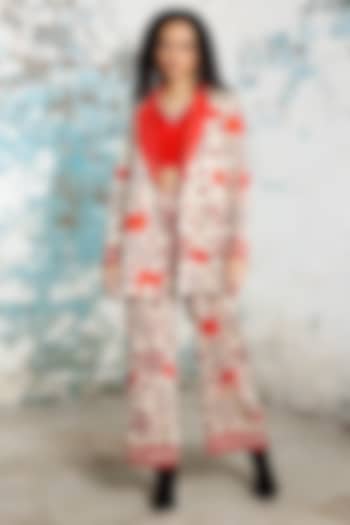 Red & Beige Banarasi Cotton Silk Hand Embroidered Co-Ord Set by Saksham and Neharicka at Pernia's Pop Up Shop