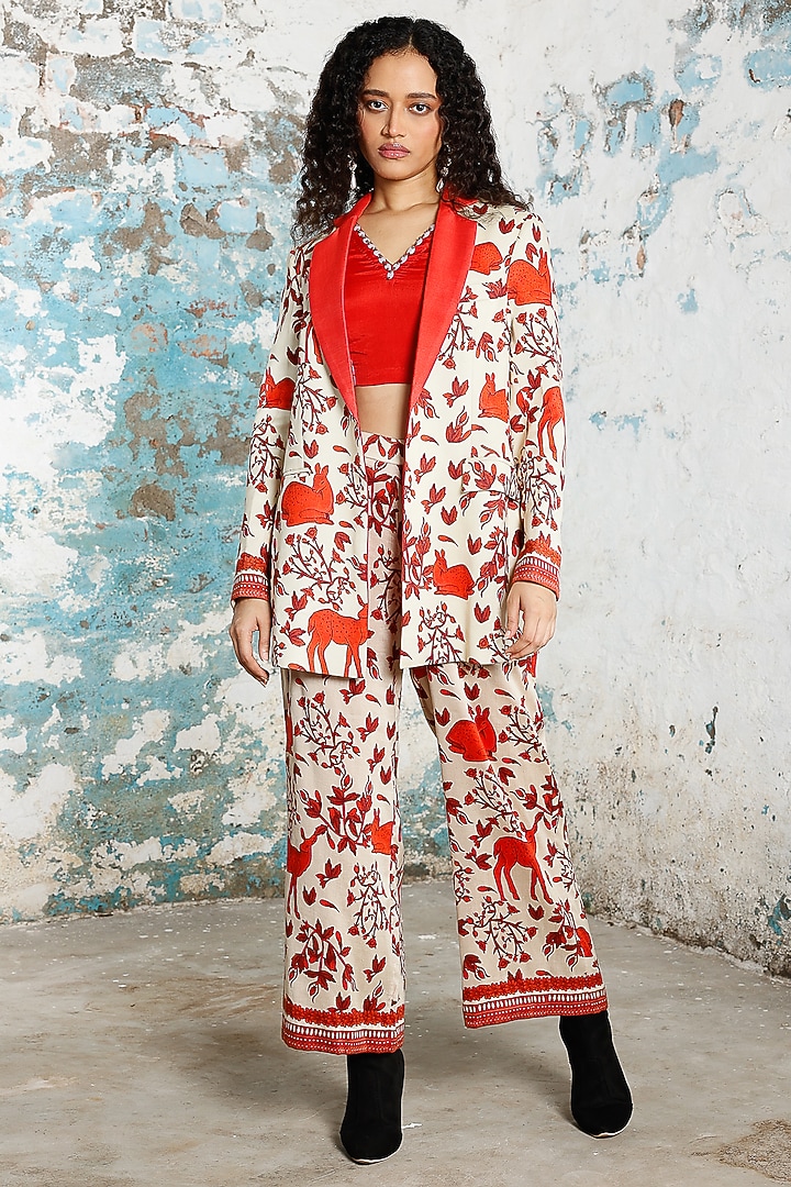 Red & Beige Banarasi Cotton Silk Hand Embroidered Co-Ord Set by Saksham and Neharicka at Pernia's Pop Up Shop