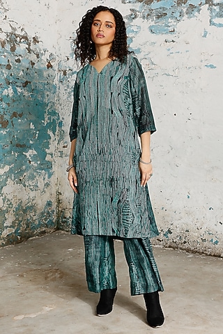 Green & Black Banarasi Cotton Silk Dori Embroidered Kurta Set by Saksham and Neharicka