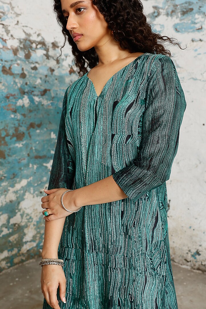 Green & Black Banarasi Cotton Silk Dori Embroidered Kurta Set by Saksham and Neharicka at Pernia's Pop Up Shop