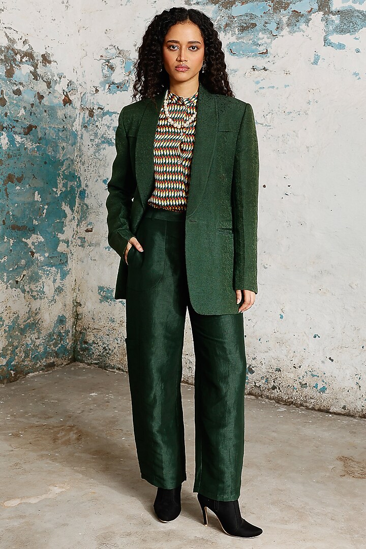 Green Silk Handcrafted Co-Ord Set by Saksham and Neharicka at Pernia's Pop Up Shop