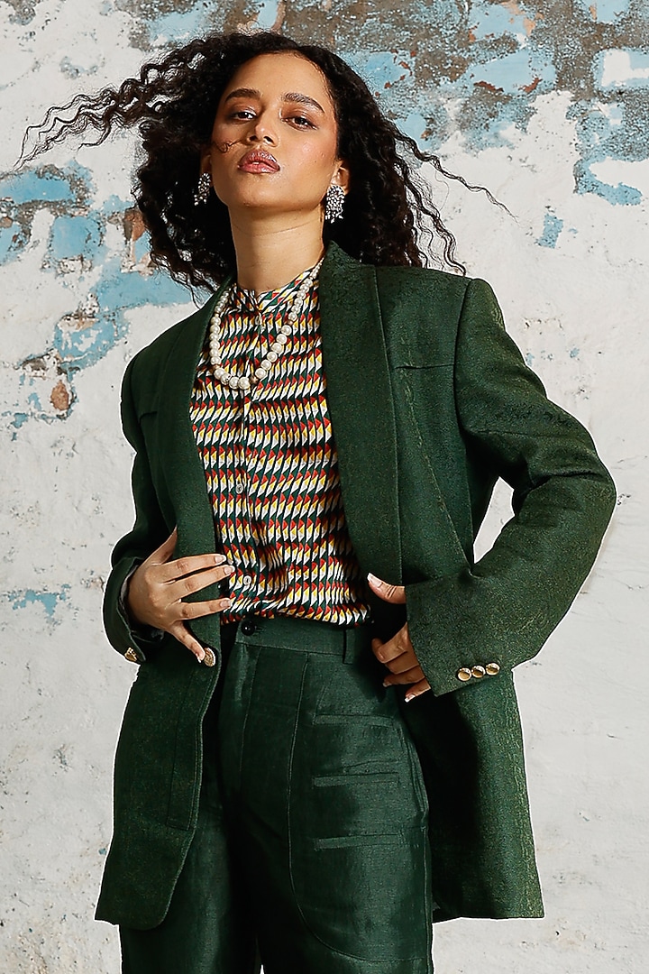 Green Silk Handcrafted Co-Ord Set by Saksham and Neharicka at Pernia's Pop Up Shop