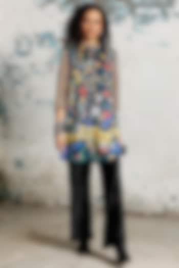 Multi-Colored Satin Floral Hand Painted Shirt by Saksham and Neharicka at Pernia's Pop Up Shop