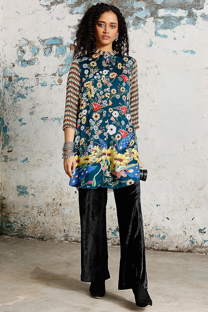 Multi-Colored Satin Floral Hand Painted Shirt by Saksham and Neharicka at Pernia's Pop Up Shop