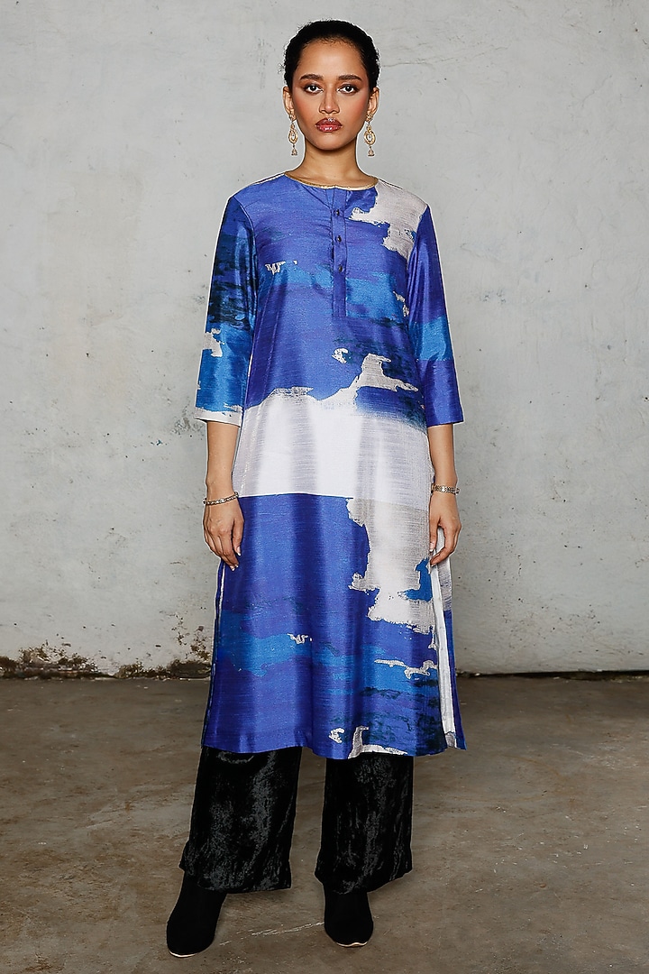 Blue & White Synthetic Dupion Hand Embroidered Handcrafted Kurta by Saksham and Neharicka at Pernia's Pop Up Shop