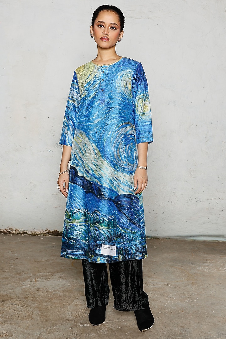 Blue Synthetic Dupion Hand Embroidered & Printed Kurta by Saksham and Neharicka at Pernia's Pop Up Shop
