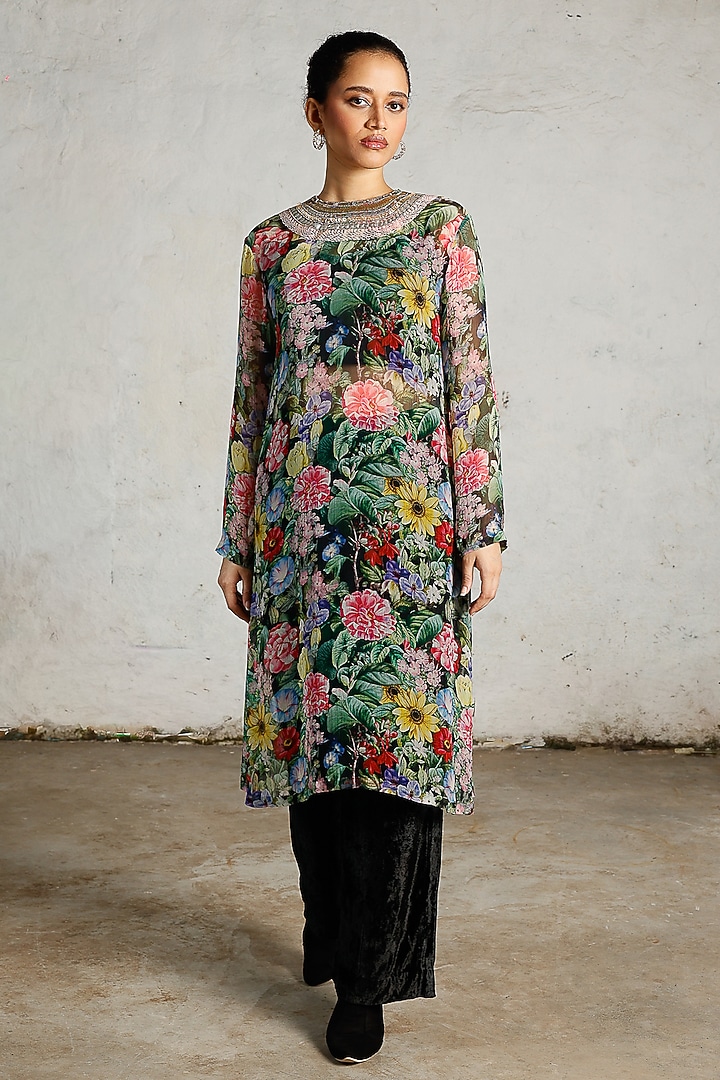 Multi-Colored Chiffon Printed & Embroidered Kurta by Saksham and Neharicka at Pernia's Pop Up Shop