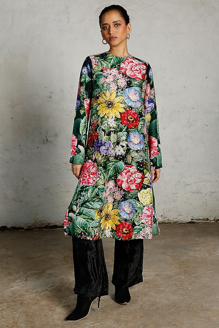 Multi-Colored Viscose Dupion Printed & Embroidered Kurta by Saksham and Neharicka at Pernia's Pop Up Shop