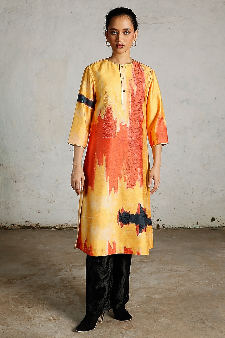 Yellow & Orange Synthetic Dupion Hand Embroidered Kurta by Saksham and Neharicka at Pernia's Pop Up Shop