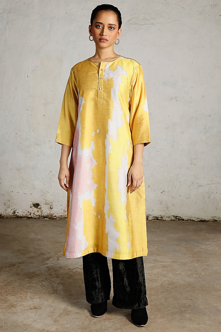 Yellow & White Synthetic Dupion Hand Embroidered Kurta by Saksham and Neharicka at Pernia's Pop Up Shop