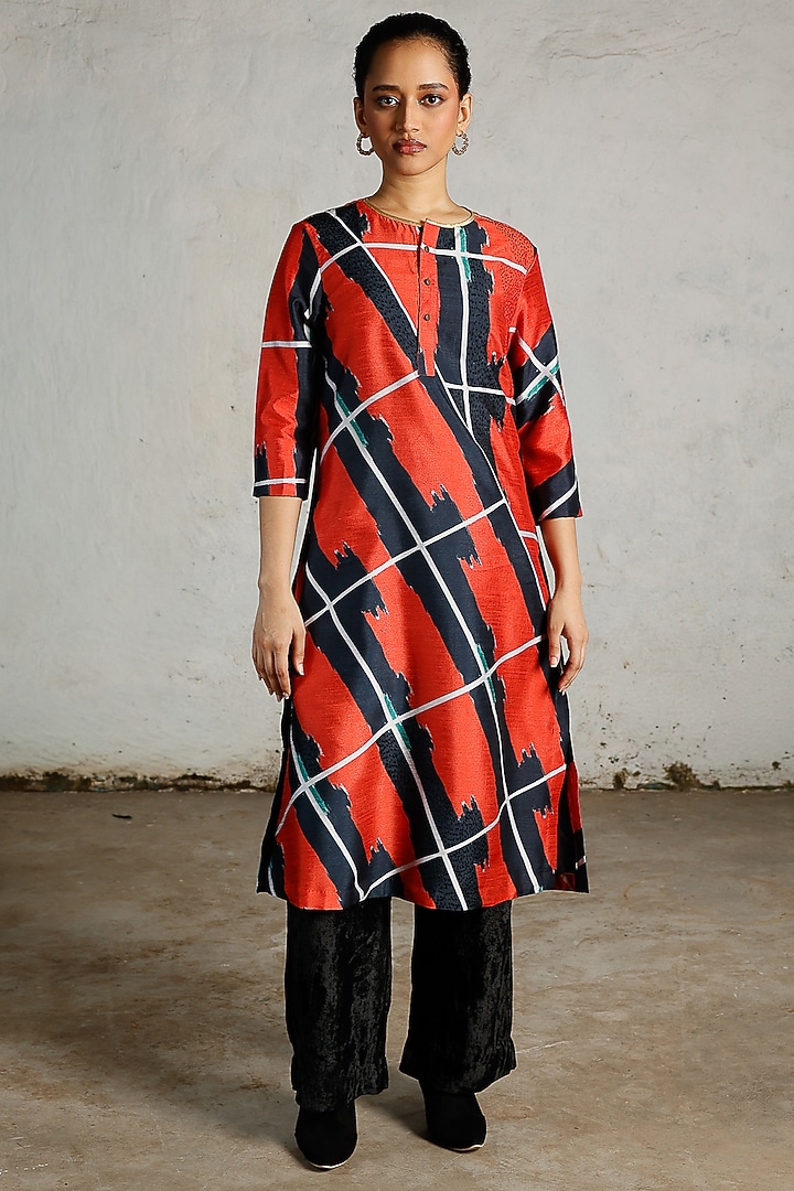 Red & Black Synthetic Dupion Hand Embroidered Kurta by Saksham and Neharicka at Pernia's Pop Up Shop