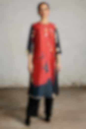 Red & Black Synthetic Dupion Hand Embroidered Kurta by Saksham and Neharicka at Pernia's Pop Up Shop