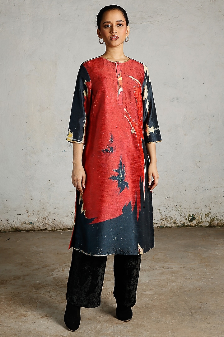 Red & Black Synthetic Dupion Hand Embroidered Kurta by Saksham and Neharicka at Pernia's Pop Up Shop