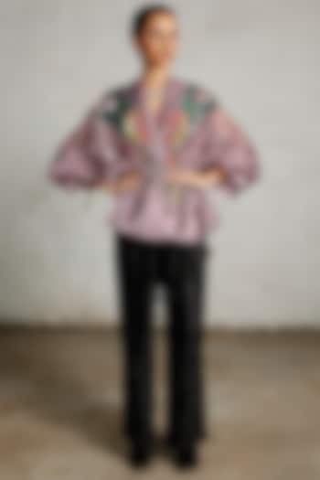 Pink Satin Organza Printed & Hand Embroidered Kaftan Top by Saksham and Neharicka at Pernia's Pop Up Shop