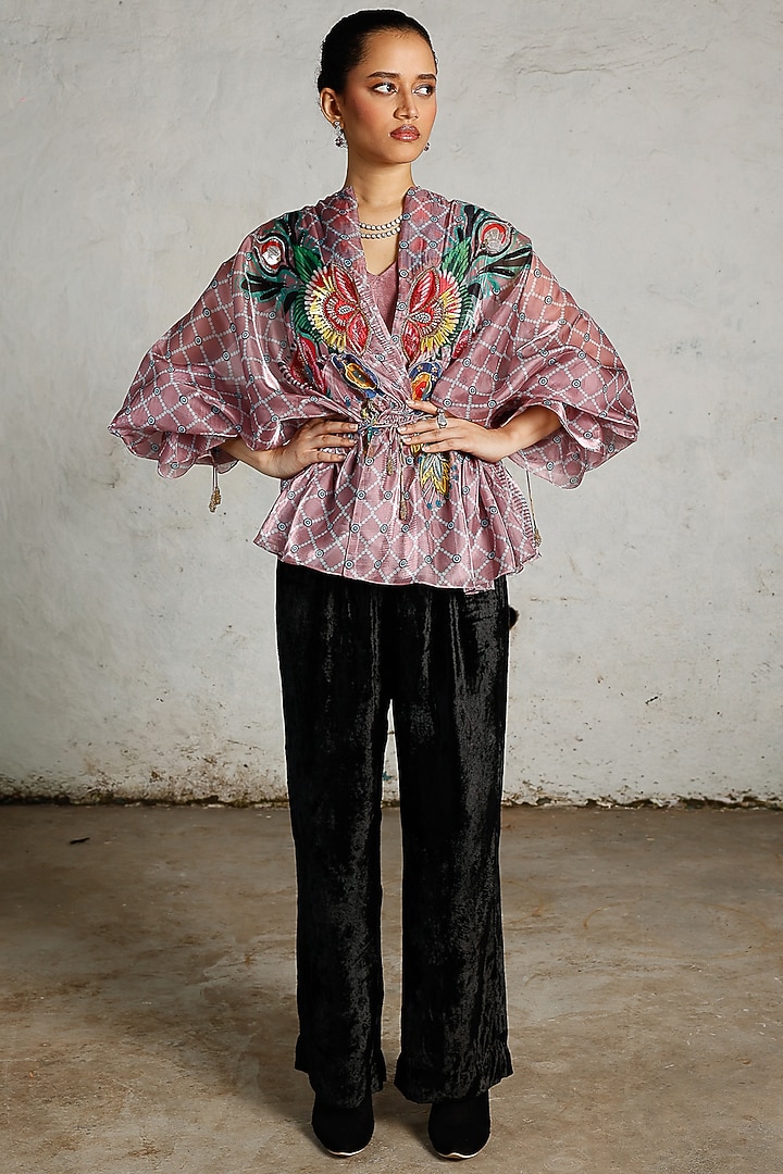 Pink Satin Organza Printed & Hand Embroidered Kaftan Top by Saksham and Neharicka at Pernia's Pop Up Shop