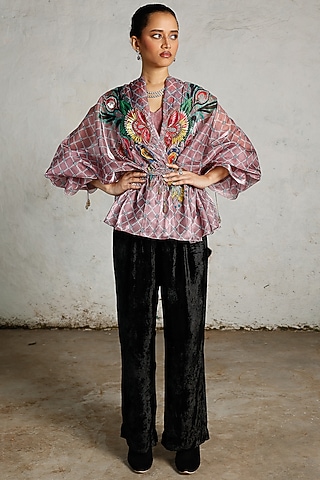 Pink Satin Organza Printed & Hand Embroidered Kaftan Top by Saksham and Neharicka