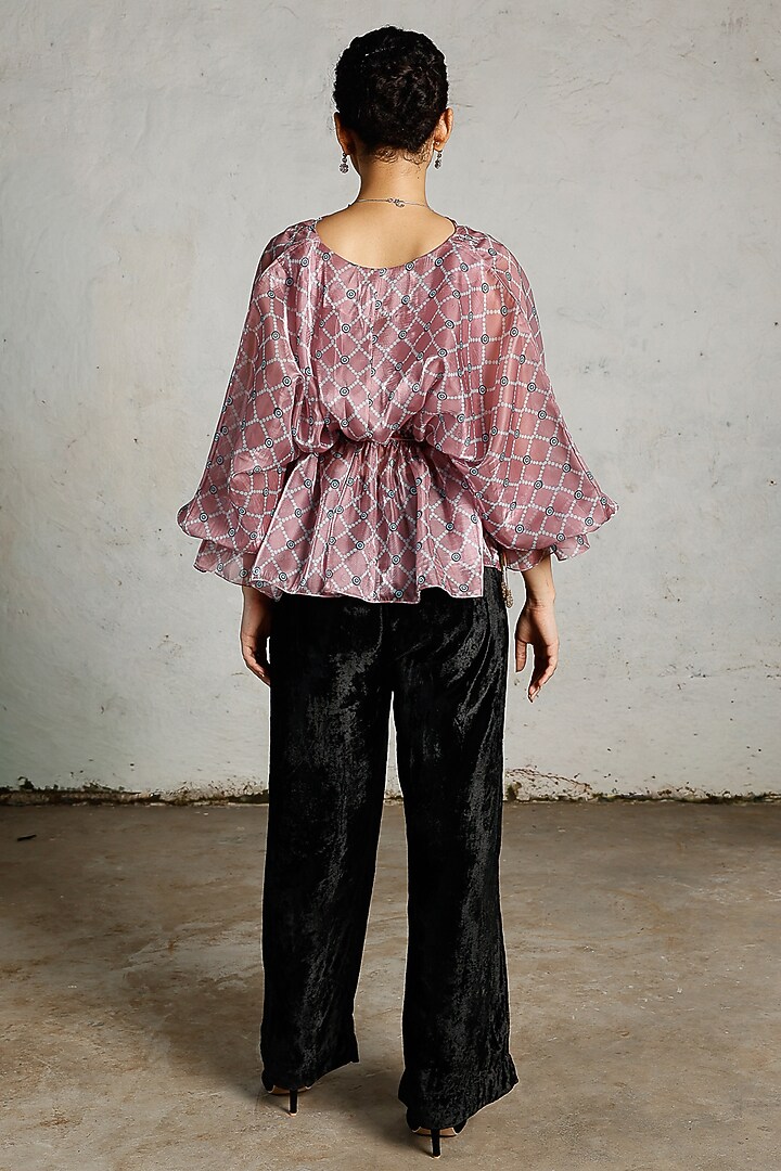 Pink Satin Organza Printed & Hand Embroidered Kaftan Top by Saksham and Neharicka at Pernia's Pop Up Shop