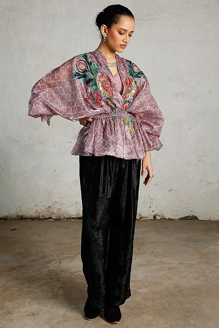 Pink Satin Organza Printed & Hand Embroidered Kaftan Top by Saksham and Neharicka at Pernia's Pop Up Shop
