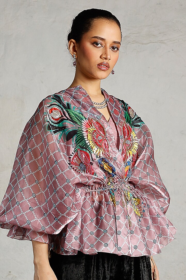 Pink Satin Organza Printed & Hand Embroidered Kaftan Top by Saksham and Neharicka at Pernia's Pop Up Shop