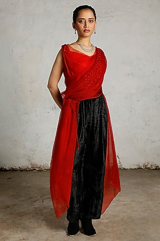 Red Satin Organza Hand Embroidered Tunic by Saksham and Neharicka