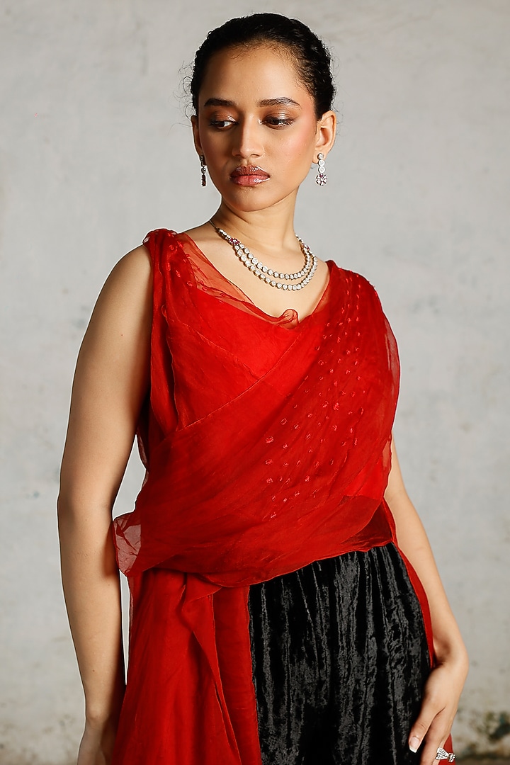 Red Satin Organza Hand Embroidered Tunic by Saksham and Neharicka at Pernia's Pop Up Shop