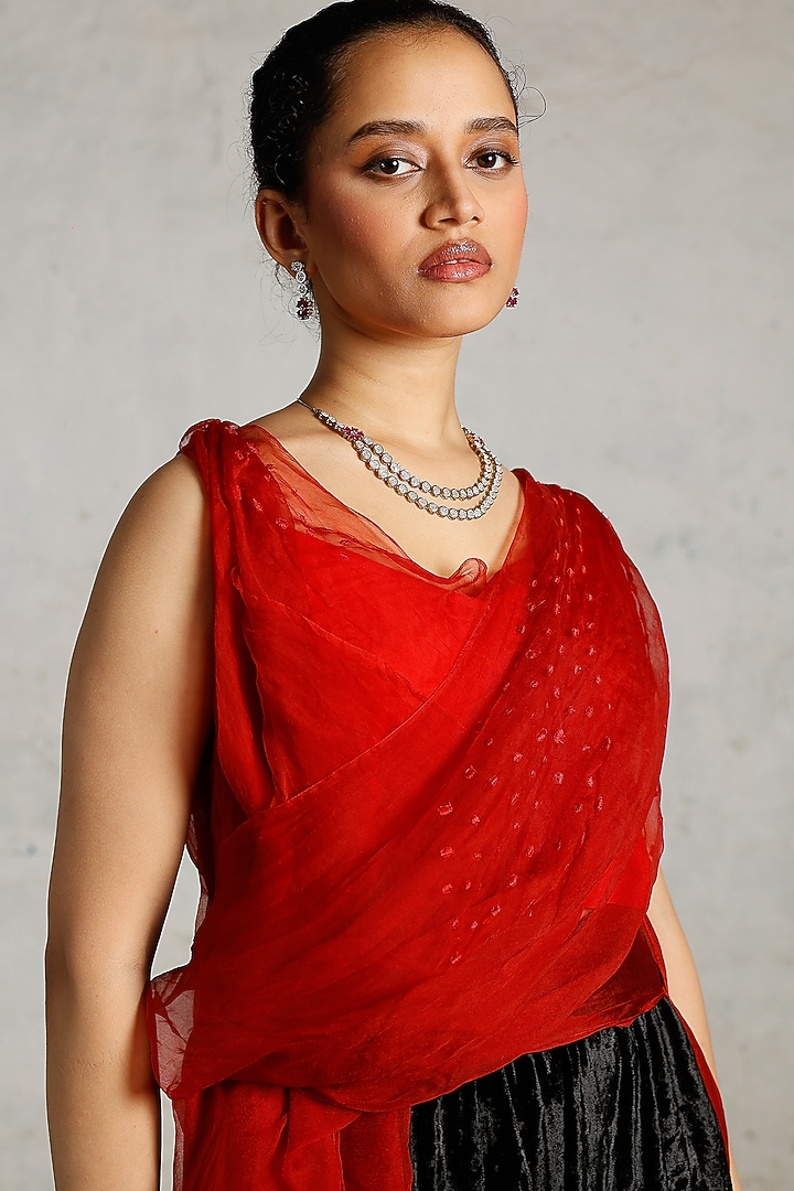 Red Satin Organza Hand Embroidered Tunic by Saksham and Neharicka at Pernia's Pop Up Shop