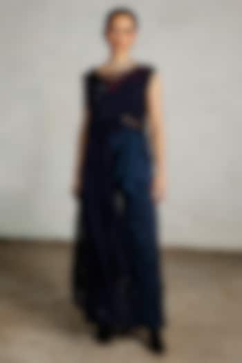 Navy Blue Satin Organza Hand Embroidered Tunic by Saksham and Neharicka at Pernia's Pop Up Shop