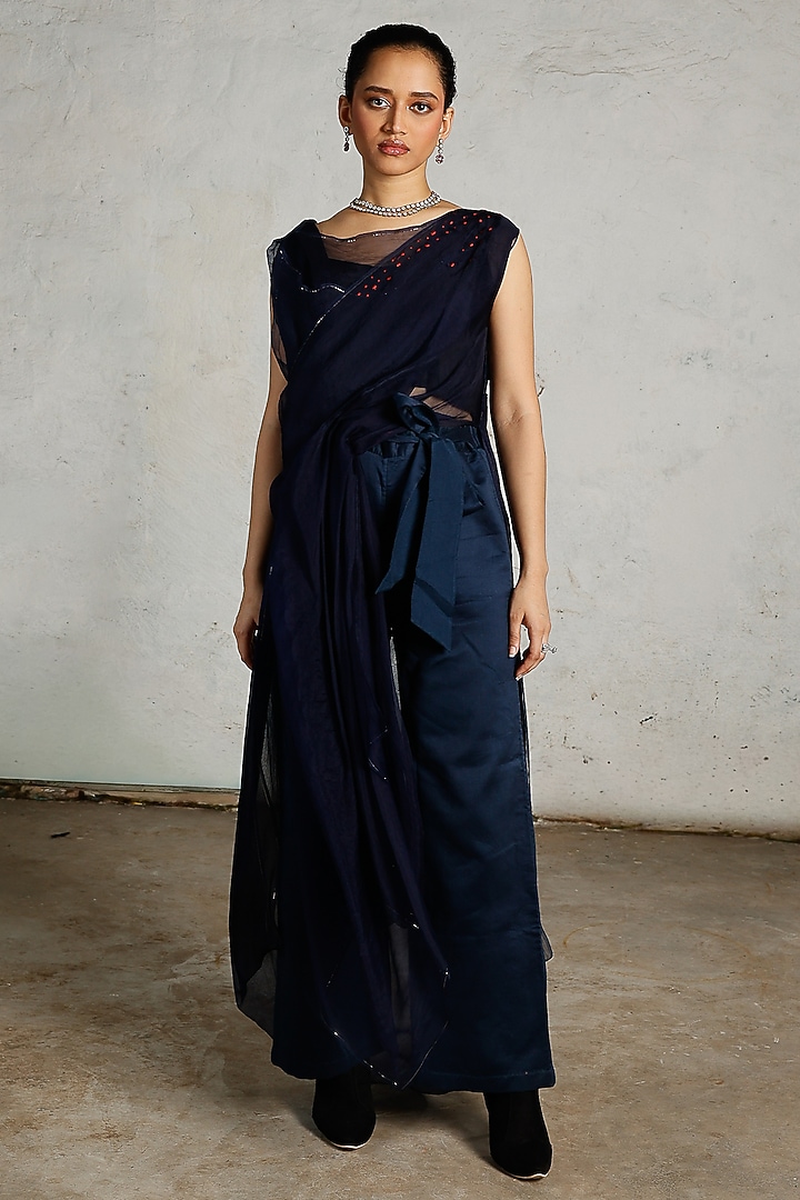 Navy Blue Satin Organza Hand Embroidered Tunic by Saksham and Neharicka at Pernia's Pop Up Shop