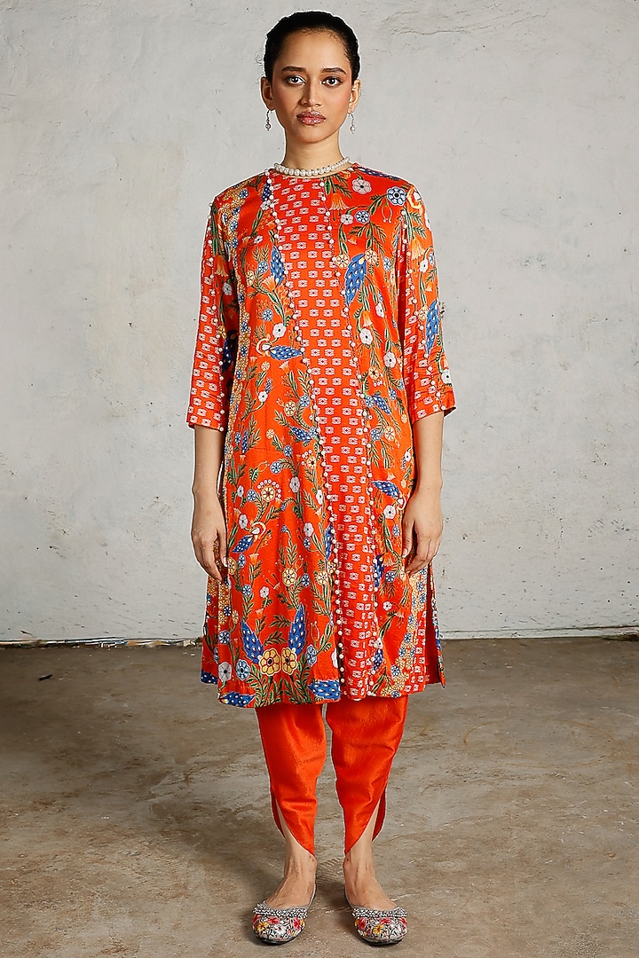 Orange Banarasi Cotton Silk Hand Embroidered Kurta Set by Saksham and Neharicka at Pernia's Pop Up Shop