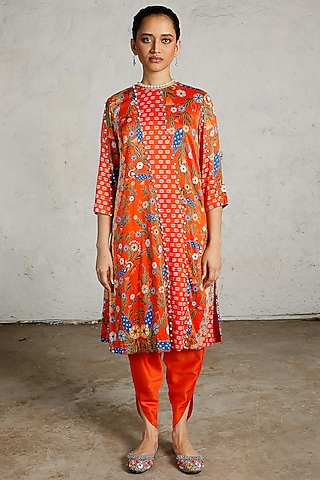 Orange Banarasi Cotton Silk Hand Embroidered Kurta Set by Saksham and Neharicka