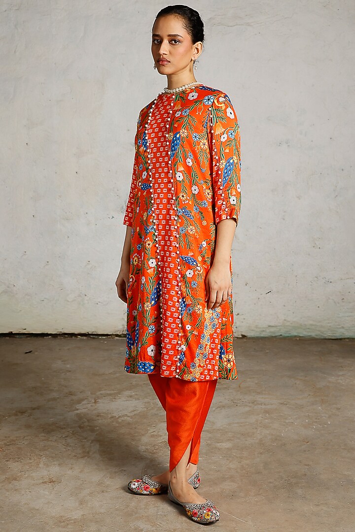 Orange Banarasi Cotton Silk Hand Embroidered Kurta Set by Saksham and Neharicka at Pernia's Pop Up Shop