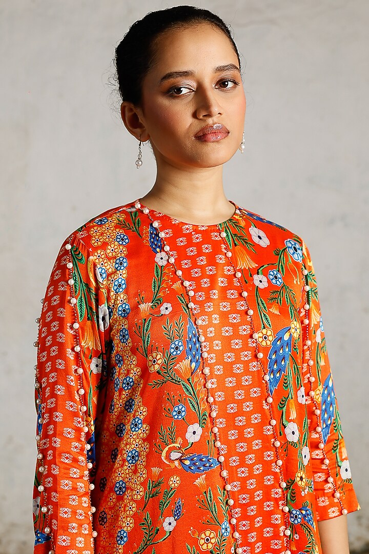 Orange Banarasi Cotton Silk Hand Embroidered Kurta Set by Saksham and Neharicka at Pernia's Pop Up Shop