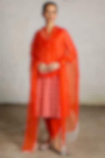 Orange Banarasi Cotton Silk Hand Embroidered Kurta Set by Saksham and Neharicka at Pernia's Pop Up Shop