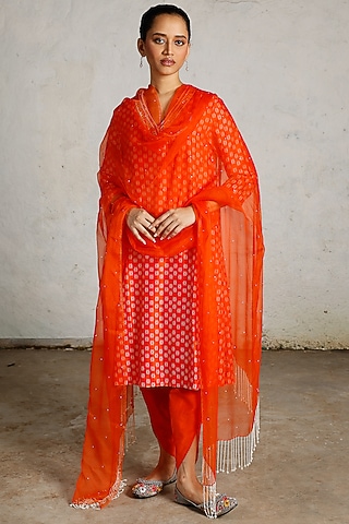 Orange Banarasi Cotton Silk Hand Embroidered Kurta Set by Saksham and Neharicka