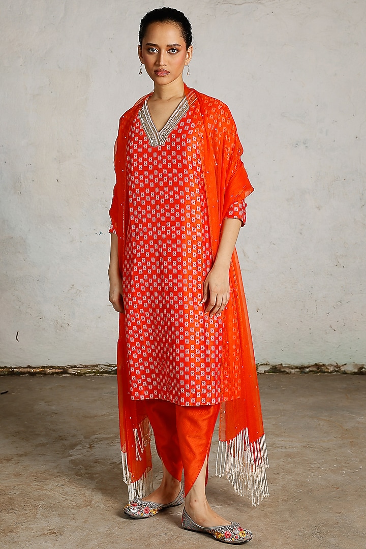 Orange Banarasi Cotton Silk Hand Embroidered Kurta Set by Saksham and Neharicka at Pernia's Pop Up Shop
