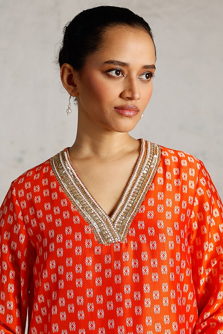Orange Banarasi Cotton Silk Hand Embroidered Kurta Set by Saksham and Neharicka at Pernia's Pop Up Shop