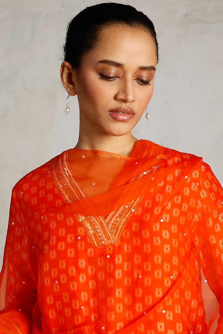 Orange Banarasi Cotton Silk Hand Embroidered Kurta Set by Saksham and Neharicka at Pernia's Pop Up Shop