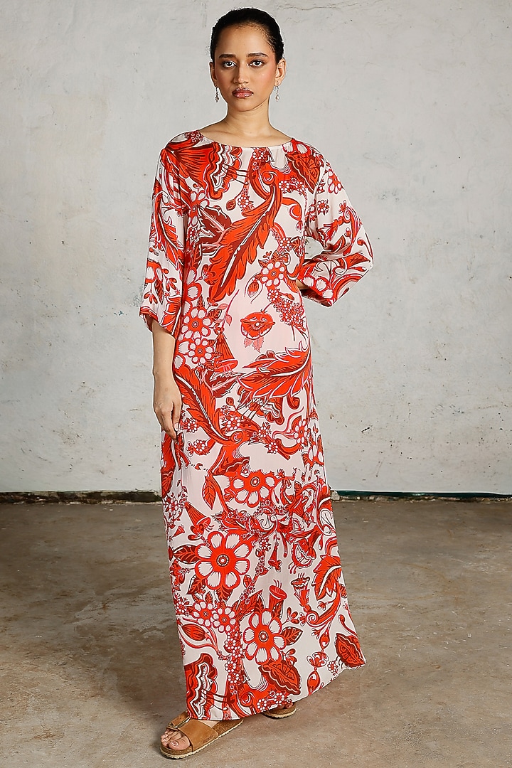 Red & White Satin Printed Summer Dress by Saksham and Neharicka at Pernia's Pop Up Shop