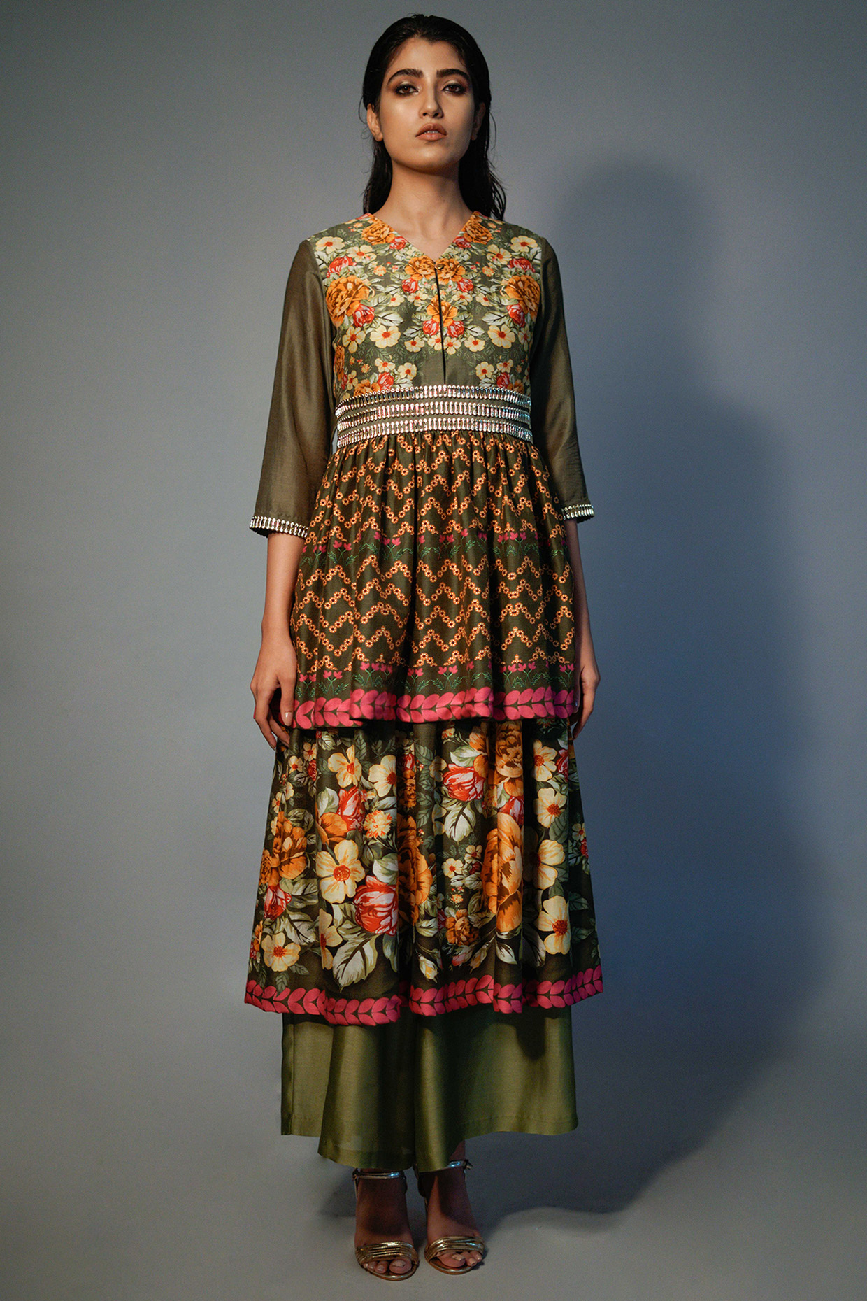 Olive Green Printed Layered Kurta Set by Saksham and Neharicka at Pernia's Pop Up Shop