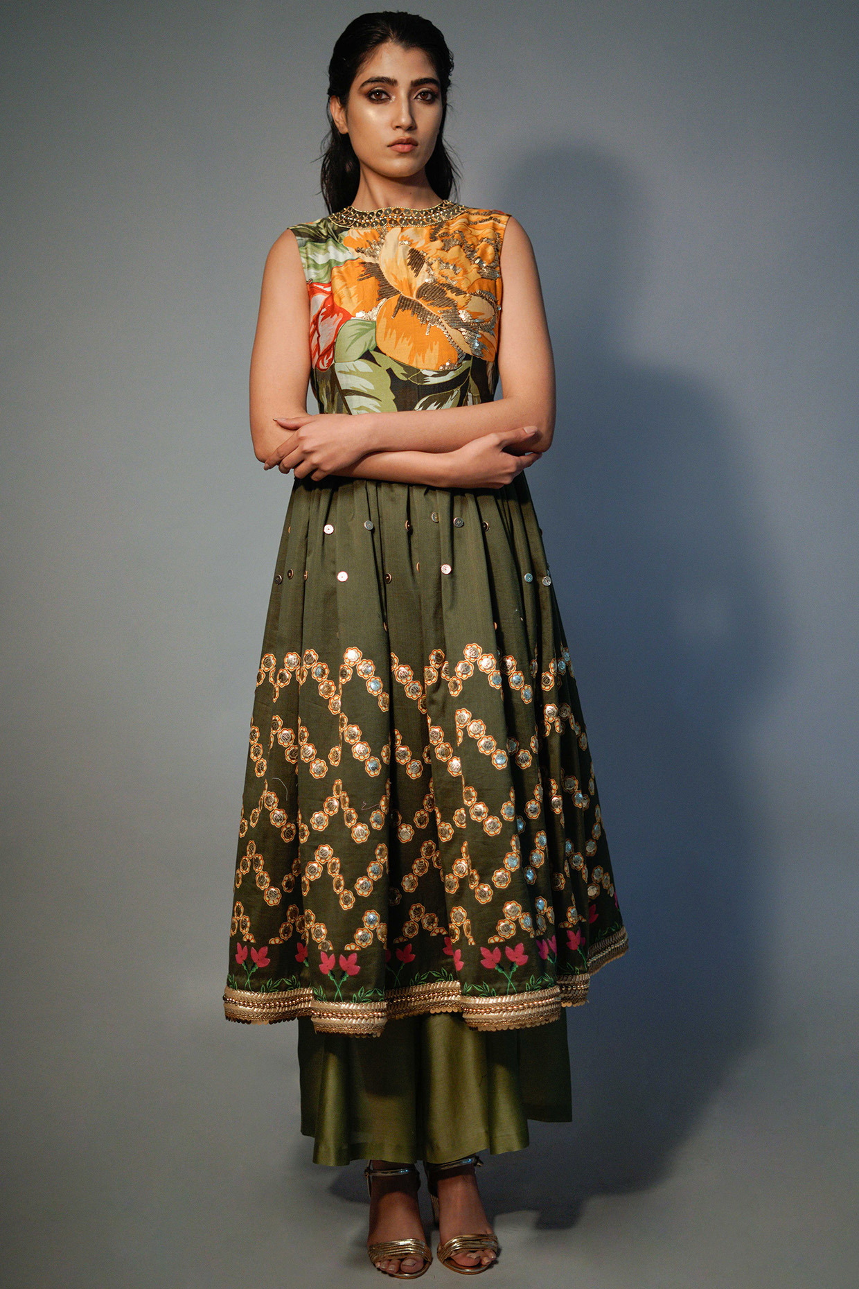 Olive Green Hand Painted Kurta Set by Saksham and Neharicka at Pernia's Pop Up Shop