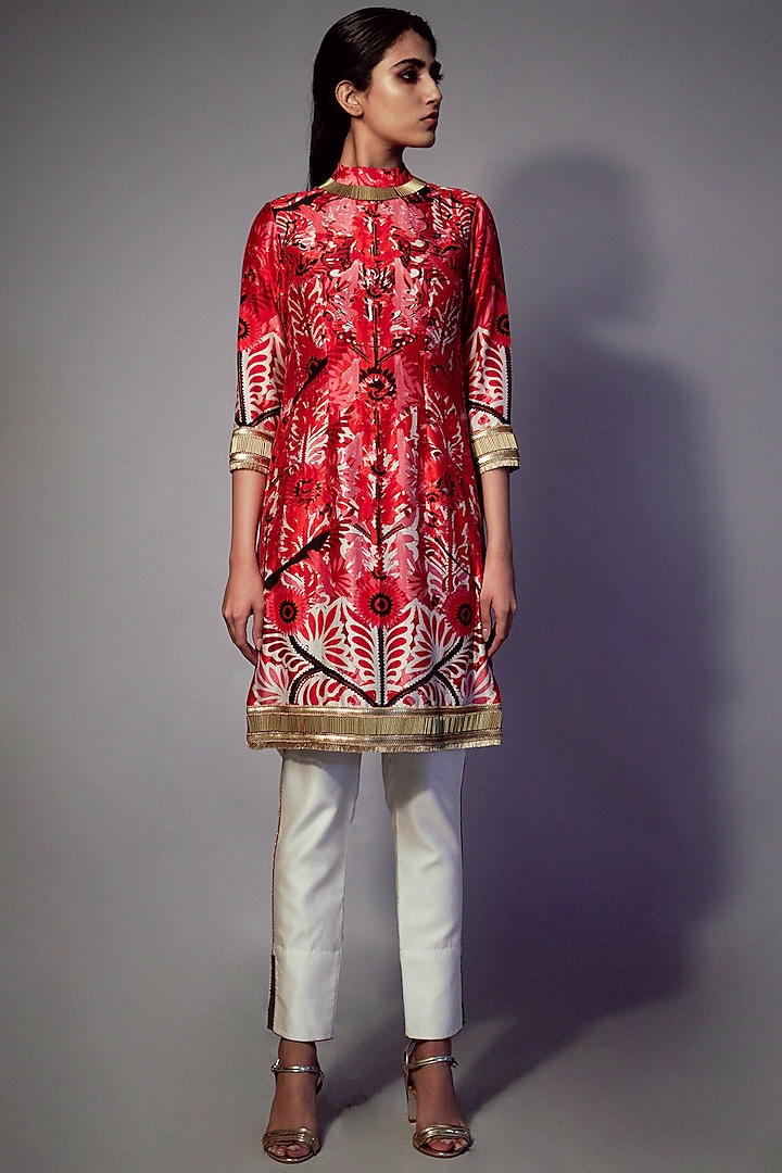 Cadmium Red & Ivory Hand Embroidered Kurta by Saksham and Neharicka