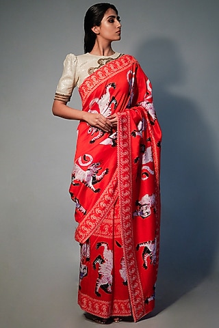Cherry Red Printed Saree Set by Saksham and Neharicka