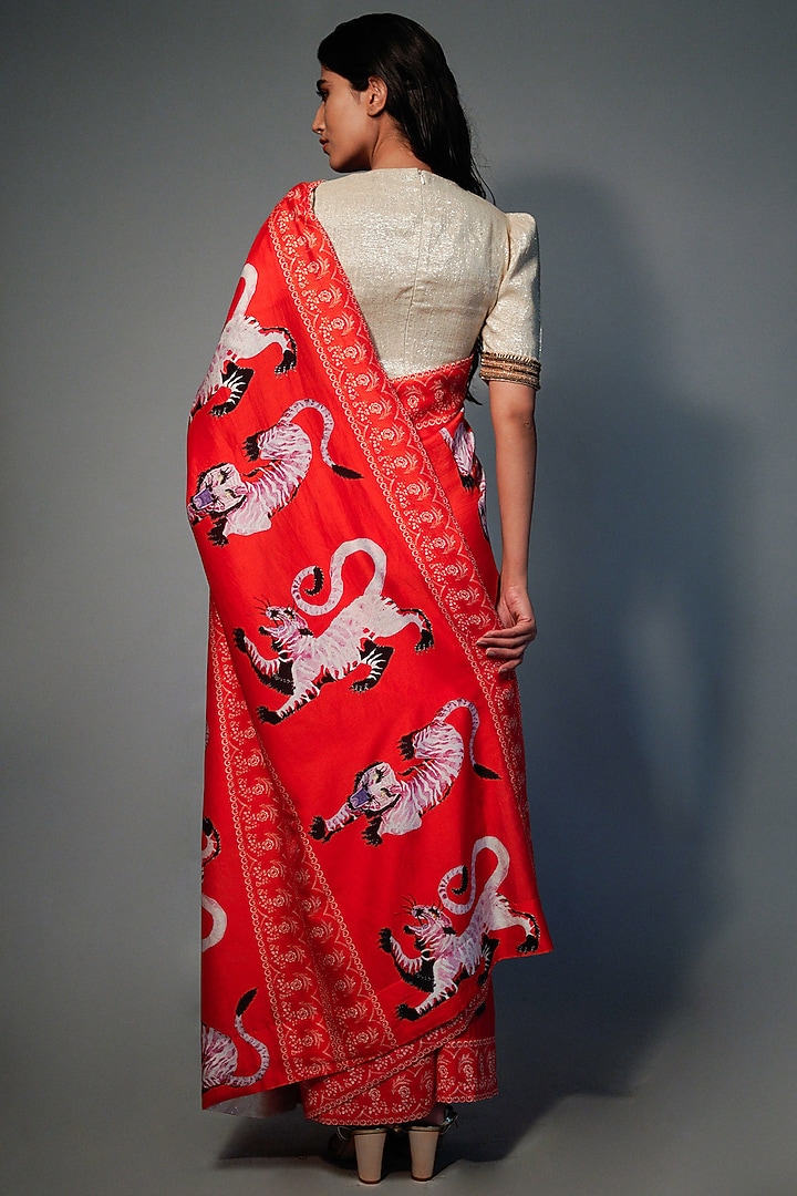 Cherry Red Printed Party Wear Saree Set by Saksham and Neharicka at Pernia's Pop Up Shop