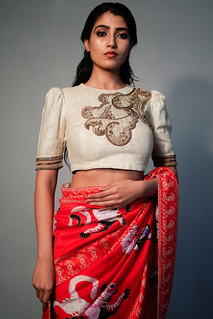 Champagne Gold Hand Embroidered Blouse by Saksham and Neharicka