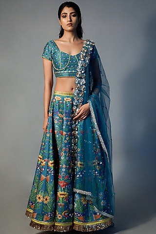 Alaskan Blue Hand Painted Lehenga Set by Saksham and Neharicka