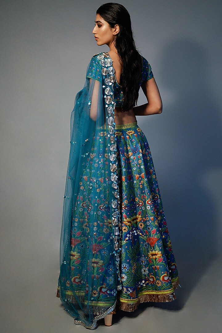 Alaskan Blue Hand Painted Wedding Lehenga Set by Saksham and Neharicka at Pernia's Pop Up Shop