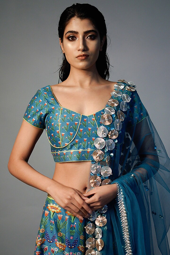 Alaskan Blue Hand Painted Wedding Lehenga Set by Saksham and Neharicka at Pernia's Pop Up Shop